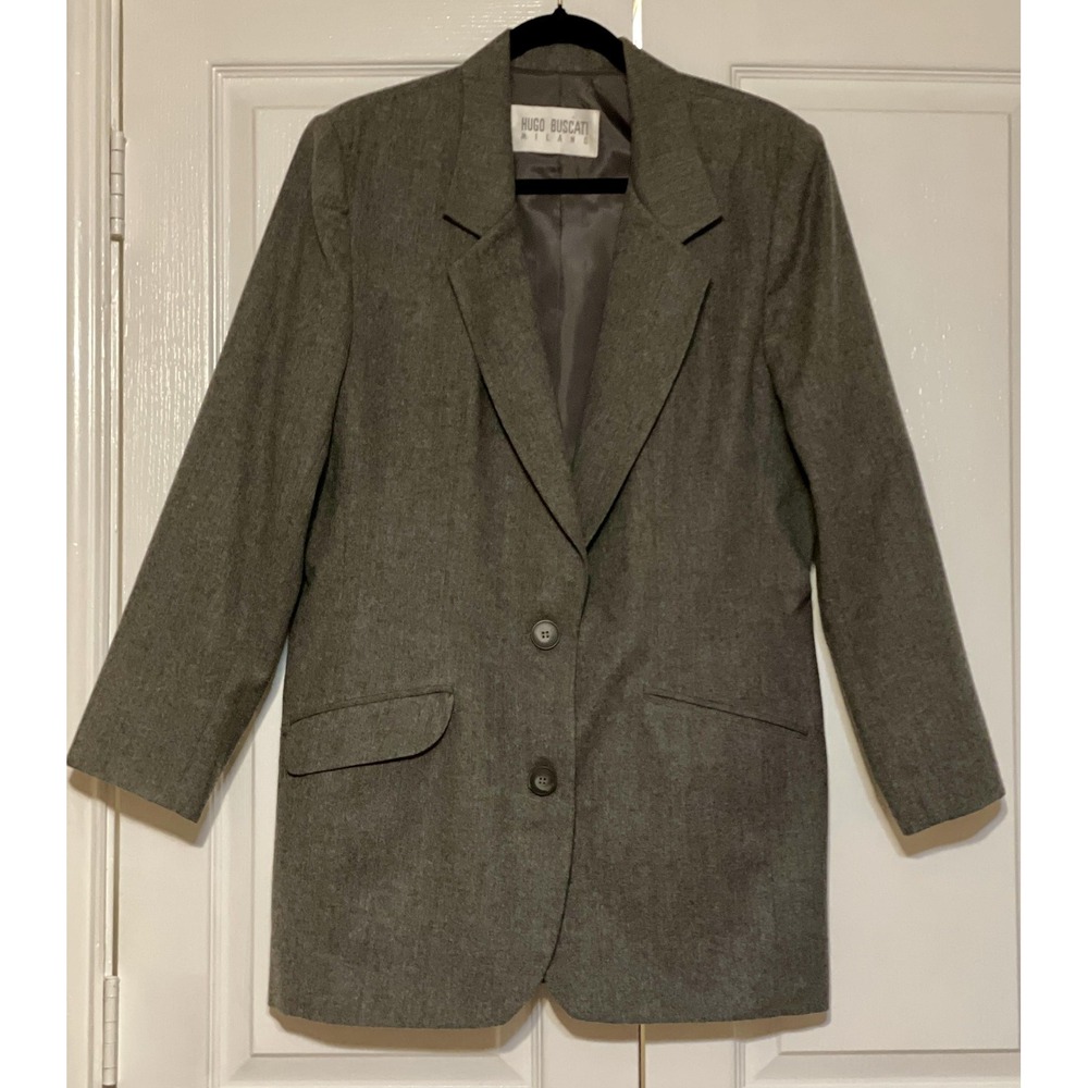 Vintage Hugo Buscati Blazer Womens 12 Gray 100% Wool Longline Jacket USA 80s